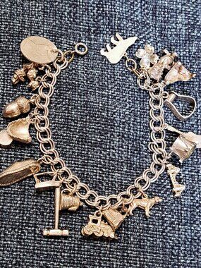 LADIES CHARM BRACELET W SOME STAMPED STERLING CHARMS 7 1/2" LONG SEE PICTURES